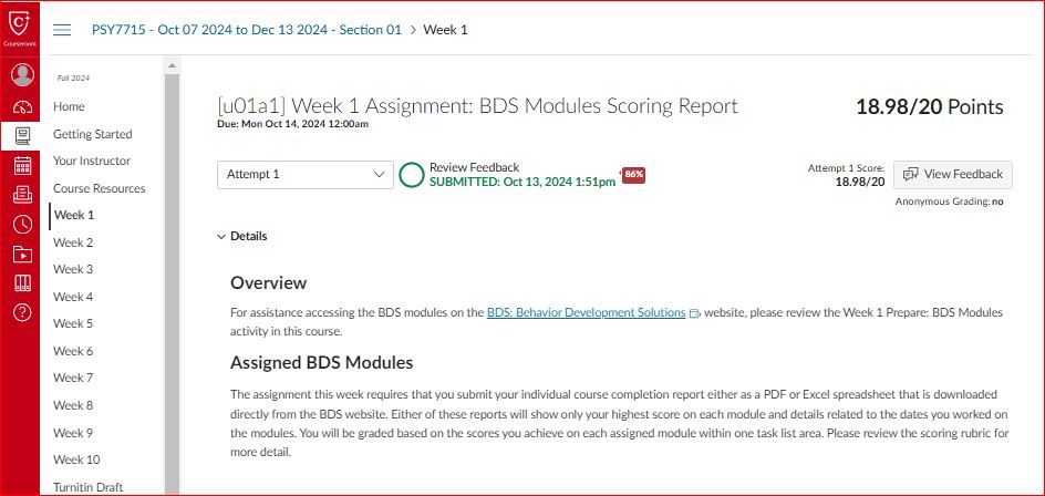 Week 1 Assignment: BDS Modules Scoring Report