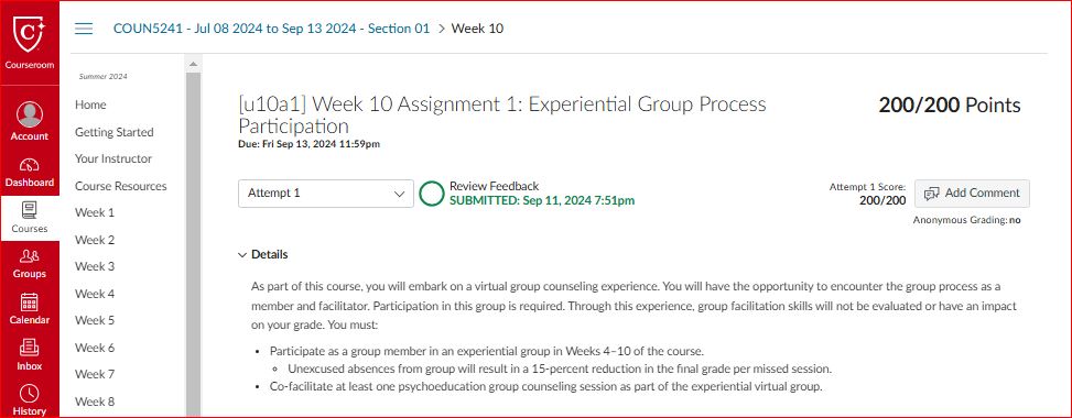 Week 10 Assignment 1: Experiential Group Process Participation