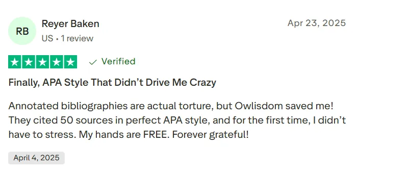 Student satisfied with the APA formatting style of Owlisdom