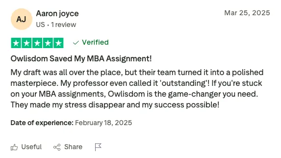 A 5-star Trustpilot review praising Owlisdom’s MBA assignment help