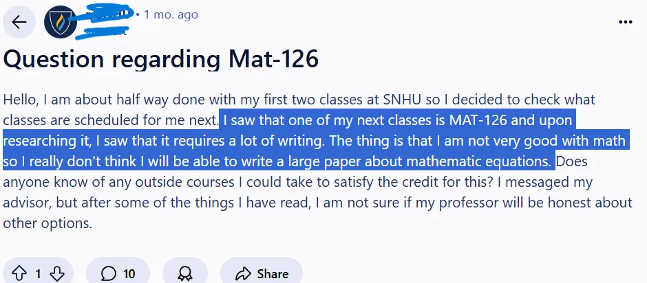 Student post about the struggle of MAT-126 complex projects and writings