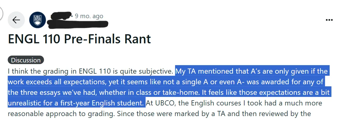 Student rant about the unrealistic expectations of instructors from students in ENGL 110