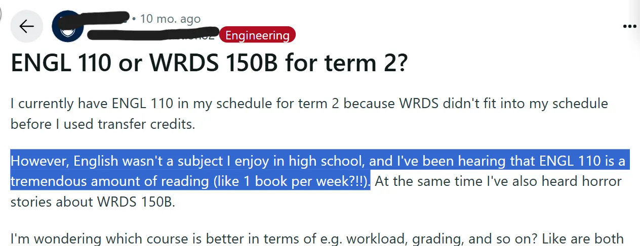 Student presenting the workload of ENGL 110 and tremendous reading demands