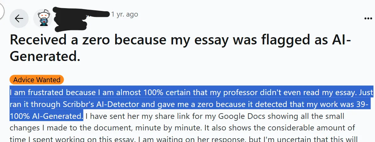 Student getting frustrated over AI detection in assessment