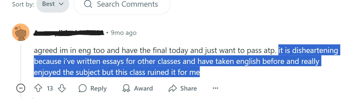 Student’s comments on the complexity of the course
