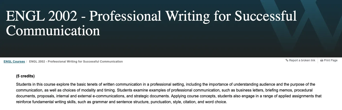 Screenshot of Walden University’s ENGL 2002 course description