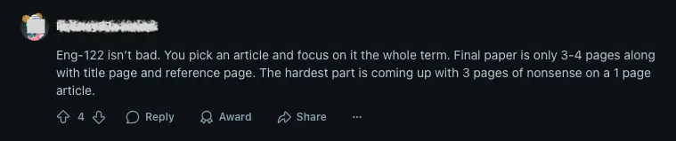Reddit comment from a student struggling to write three pages based on a short one-page article in ENG-122.