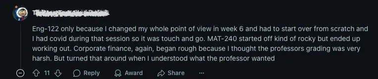 Reddit post from a student who had to restart their ENG-122 essay in week 6 due to illness and changing their thesis.