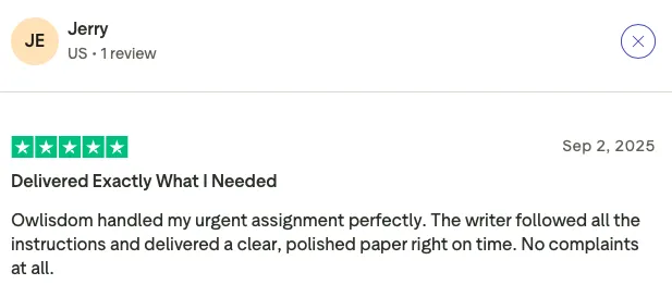 A 5-star Trustpilot review from a student named Jerry praising Owlisdom