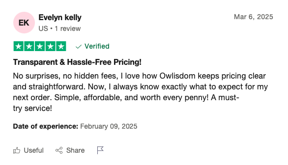 Student review praising Owlisdom’s clear pricing on Trustpilot