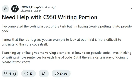 Trouble putting it into pseudocode: a WGU student on Reddit