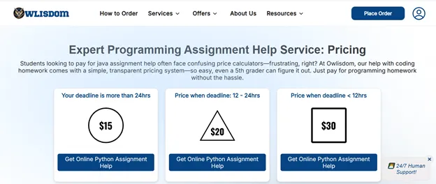 Owlisdom's transparent fixed pricing for programming and computer science assignment help.