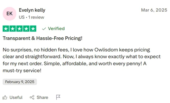 Owlisdom Trustpilot review on transparent, affordable, hassle-free pricing.