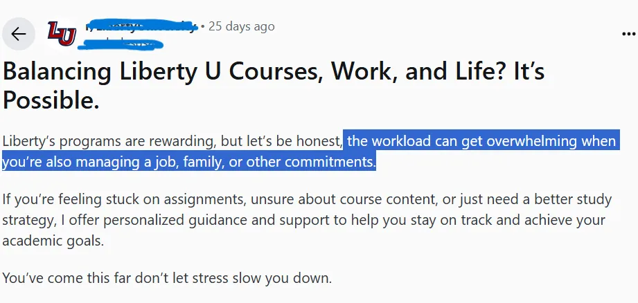 Student explaining the overwhelming nature of the courses at Liberty University
