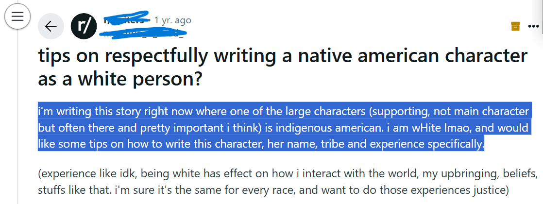 Student struggling to write about a native american character as a white person
