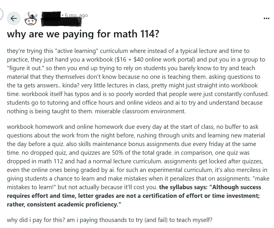 Students review on lack of instructor support in online classes.