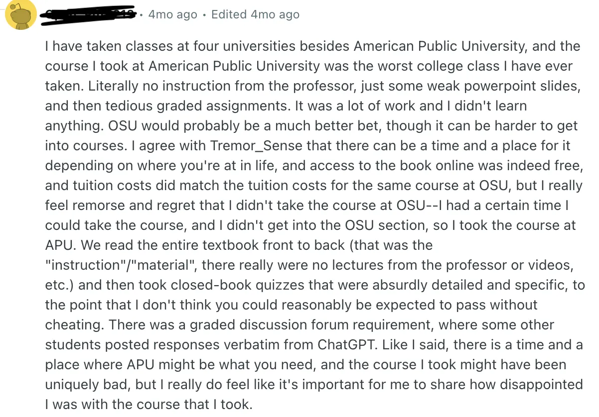 Overview of Students' Disappointment with APUS's lack of engagement