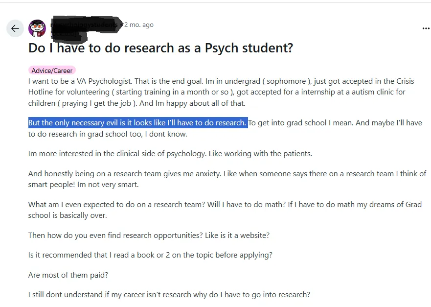 A student talking about the struggles associated with doing research.