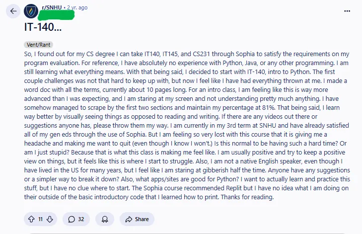 Student’s concern regarding course complexity.