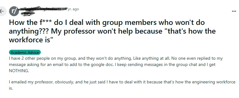 A student discusses frustration with non-contributing group members.