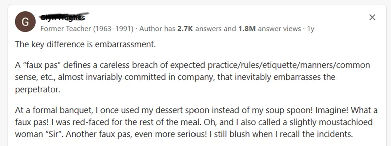 A Quora user explains faux pas with an example