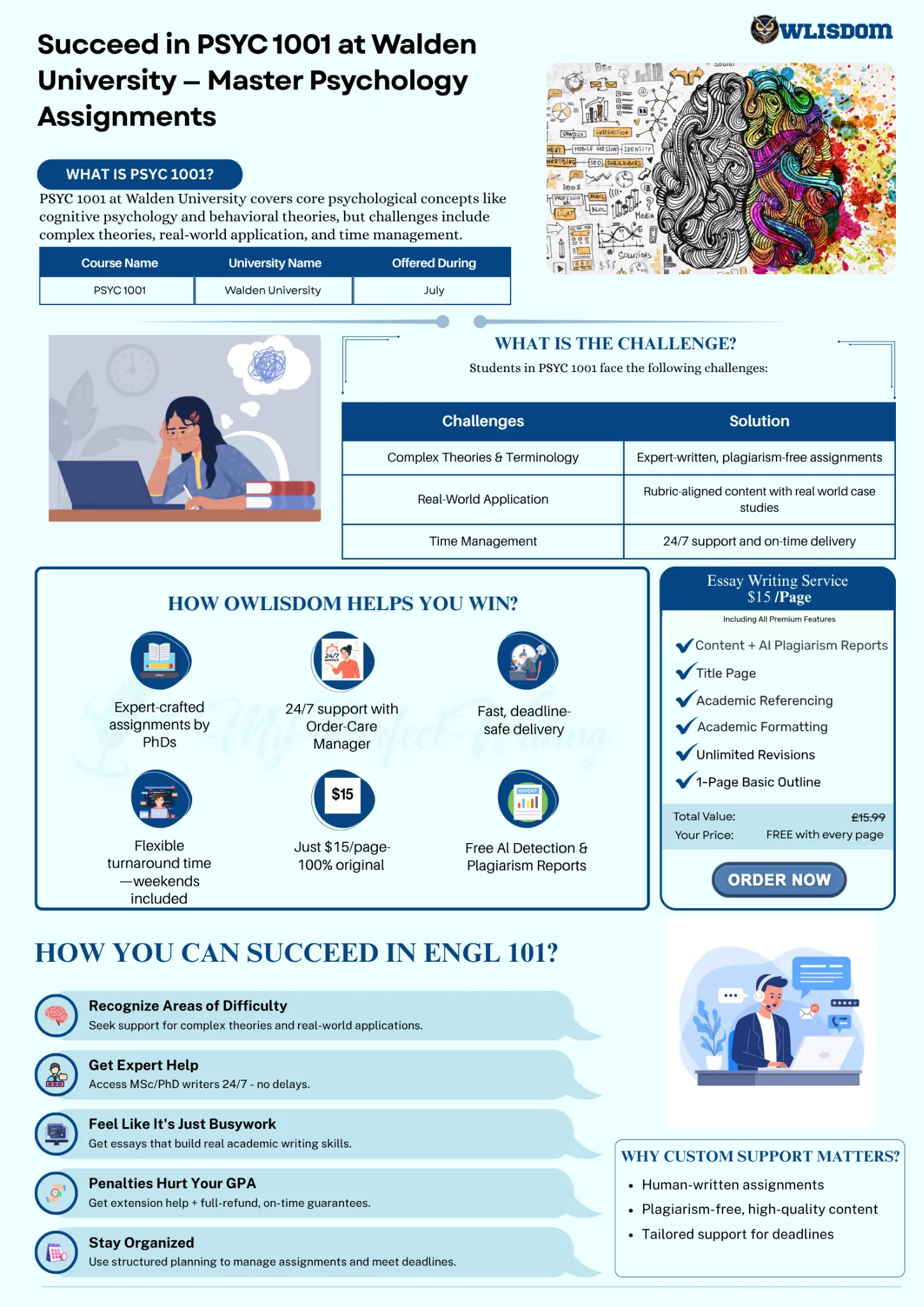 Summary of PSYC 1001 Challenges and Owlisdom's Solutions | Walden University