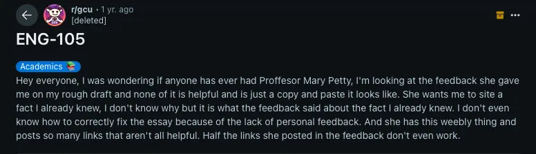 A GCU student complains about unhelpful ENG‑105 feedback and broken links
