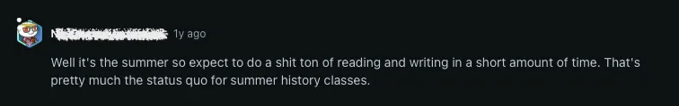 Reddit user describing HIST101 as overwhelming with reading and writing
