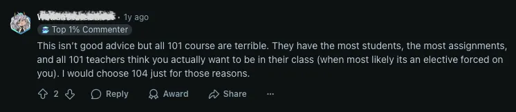 A Reddit user criticizing HIST101 for being too demanding for a 100-level course