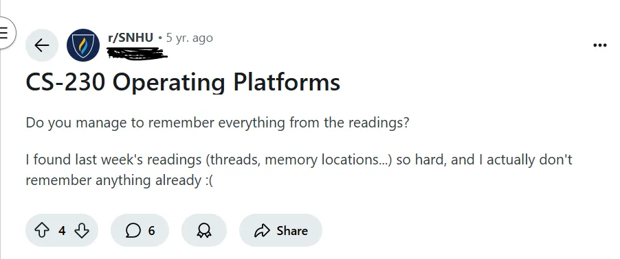 Screenshot of an SNHU student struggling with CS-230 readings on Reddit