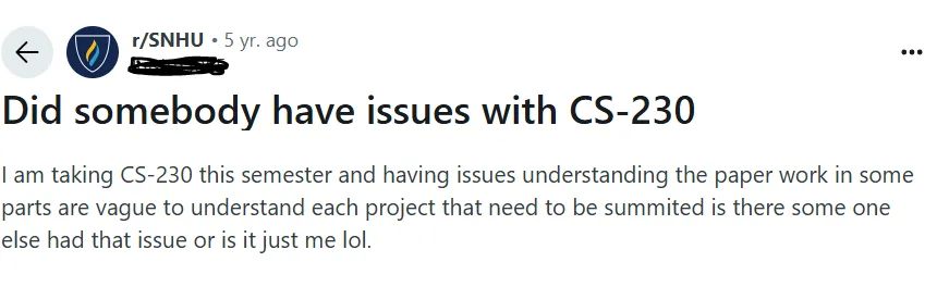 Screenshot of an SNHU student asking about CS-230 project issues on Reddit