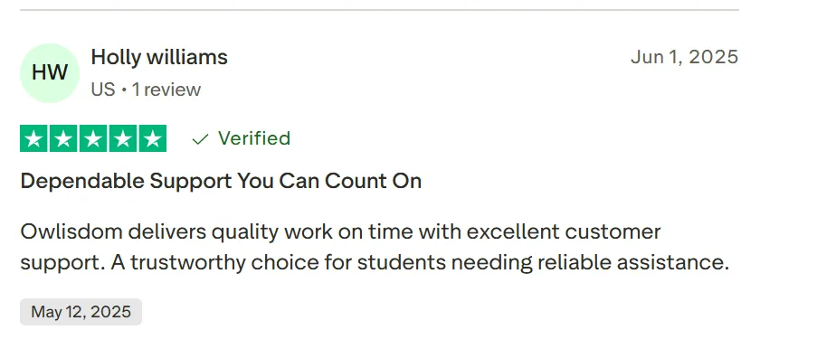 Screenshot of Owlisdom Trustpilot review praising reliable support