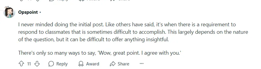 A student showing concern about online discussions