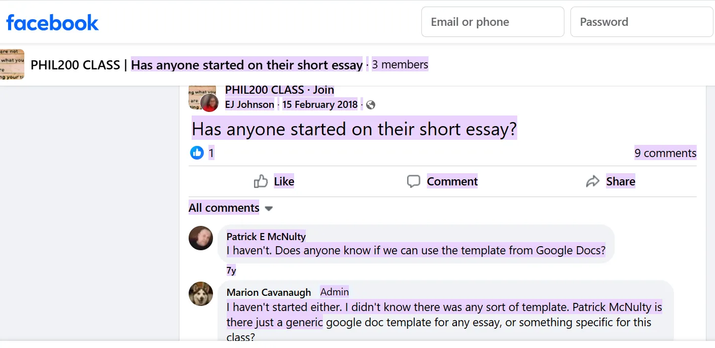 Screenshot of a student struggling with the template for an essay in the APUS Facebook group post