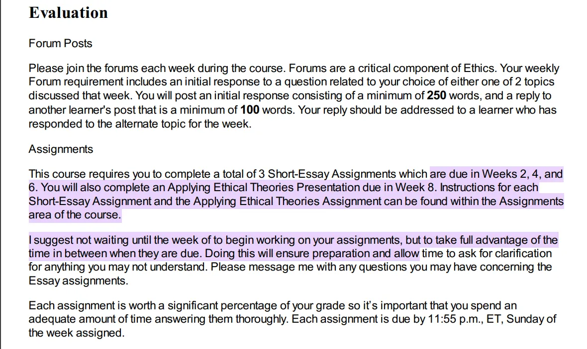 Screenshot of PHIL200 course requirements at APUS