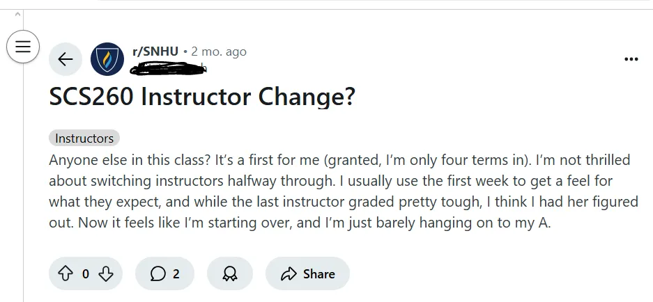 Student upset about SCS-260 instructor change.