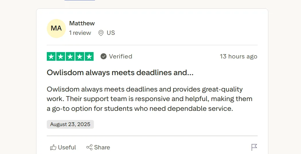 Trustpilot review from Matthew praising Owlisdom for meeting deadlines and providing high-quality academic support