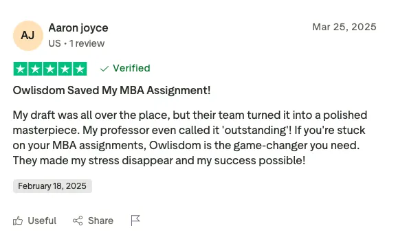 A 5-star Trustpilot review by Aaron Joyce praising Owlisdom for saving his MBA assignment