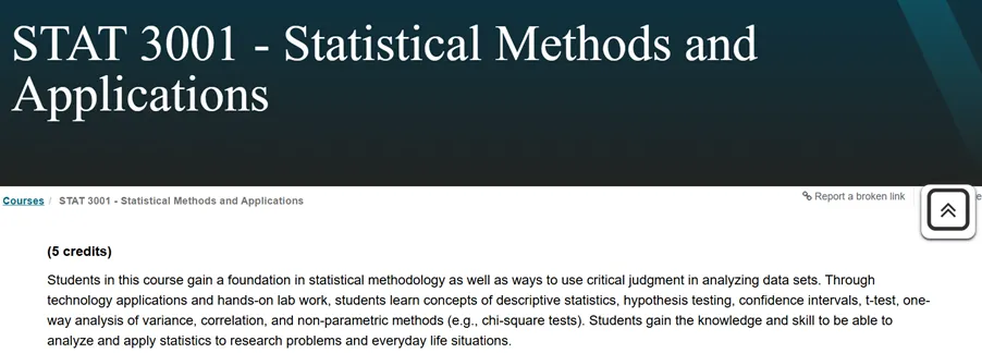 Screenshot of STAT 3001 – Statistical Methods &     Applications course overview