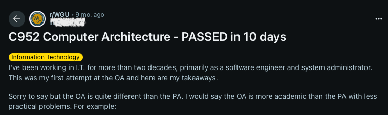 Screenshot of Reddit user explaining how the C952 OA is more academic and harder than the PA