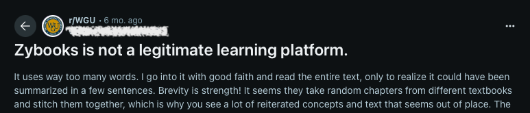 Screenshot of Reddit comment criticizing zyBooks as a dense and outdated learning platform in C952