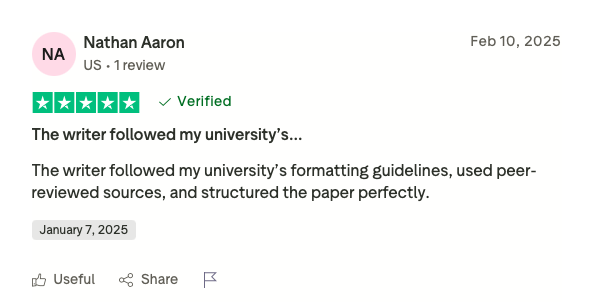 Screenshot of a five-star Trustpilot review praising Owlisdom for following university formatting and using peer-reviewed sources