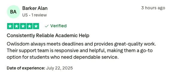 Owlisdom Trustpilot review praising reliability and quality.